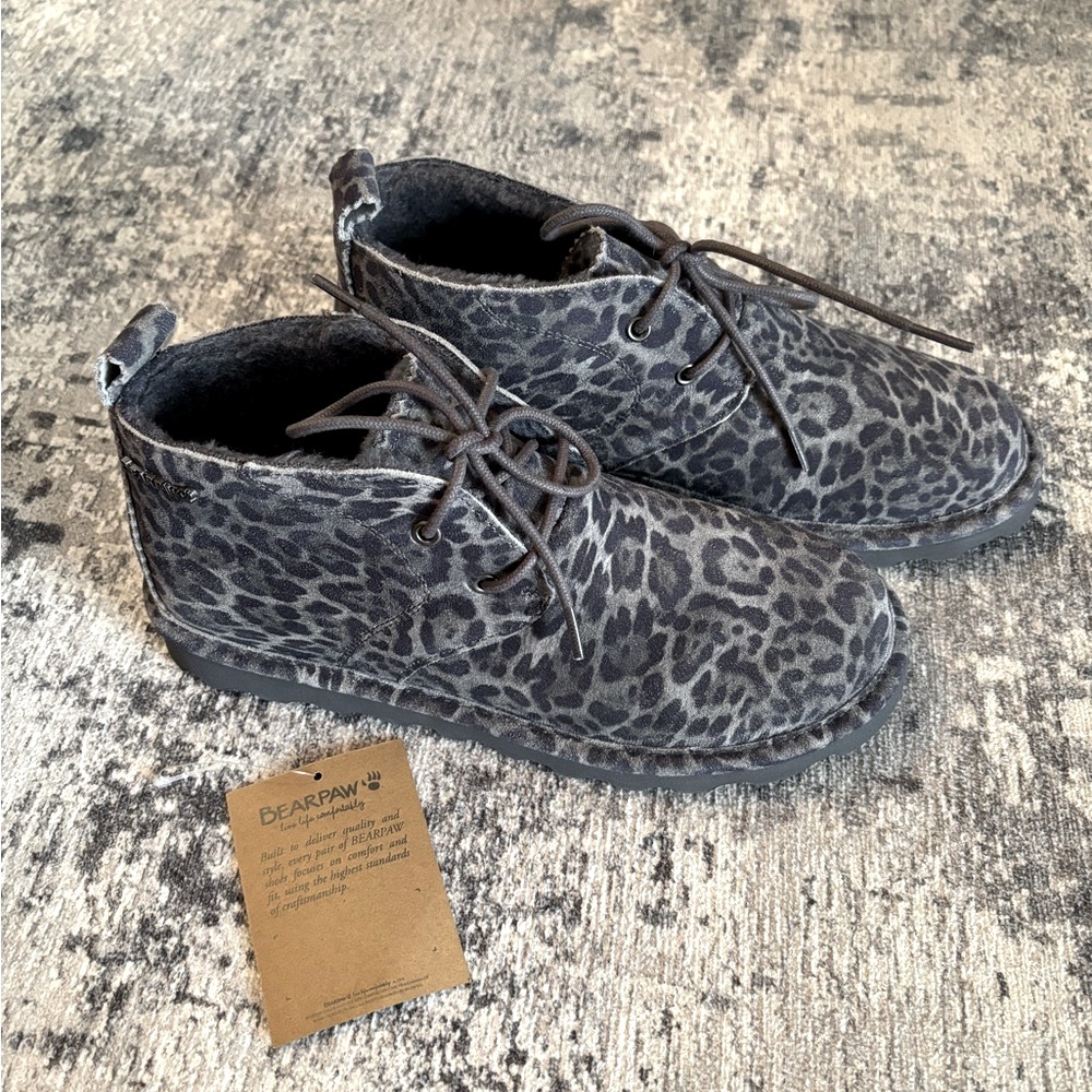 NWT! BearPaw Skye Booties, grey leopard, size 8.
